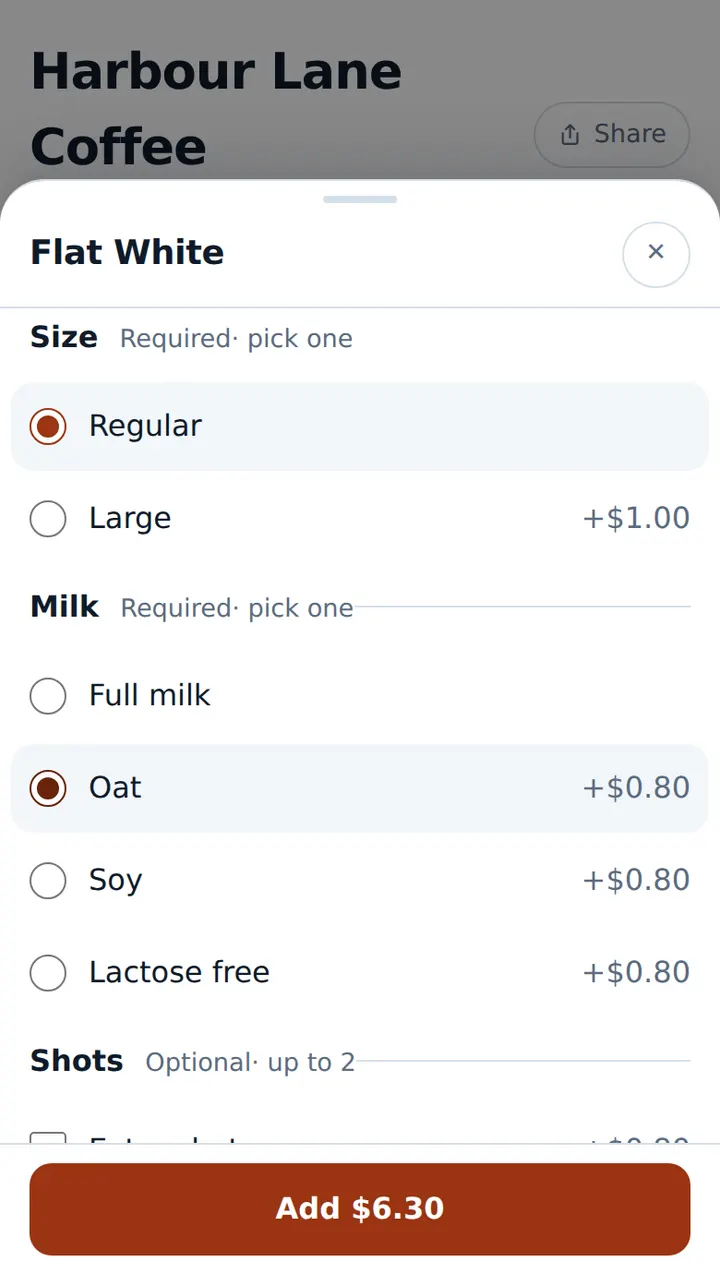 Option sheet for size, milk and shots