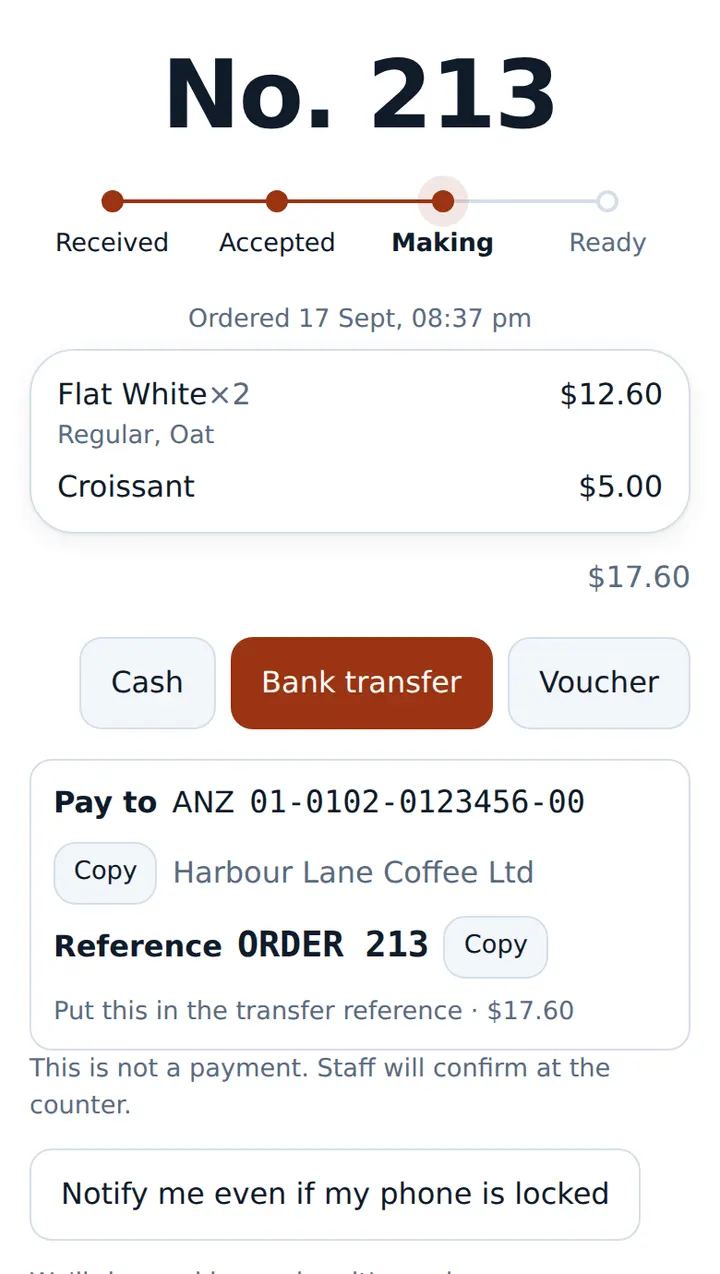 Order number and progress, with cash, bank transfer and voucher buttons and bank details