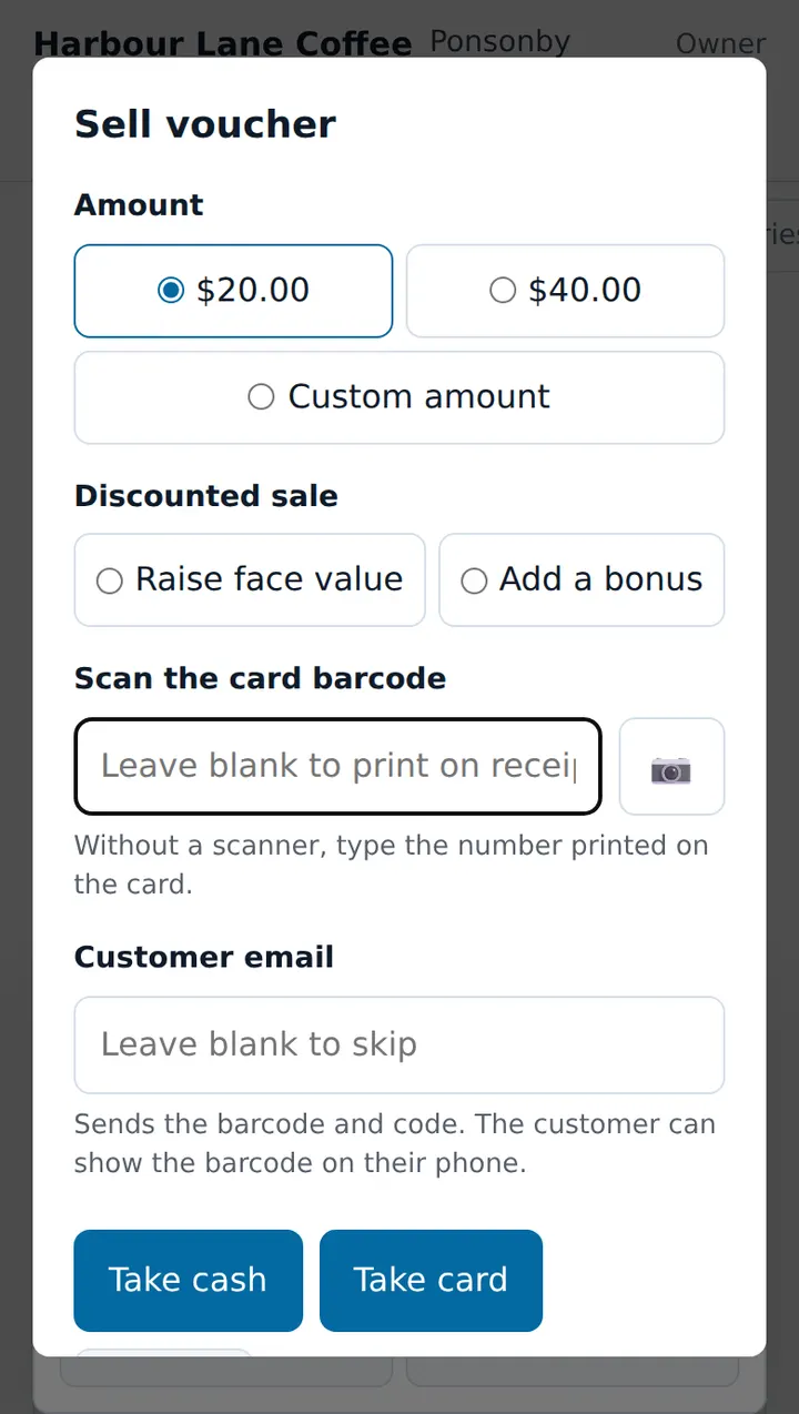 Sell voucher window with amount, discounted sale, card barcode and customer email
